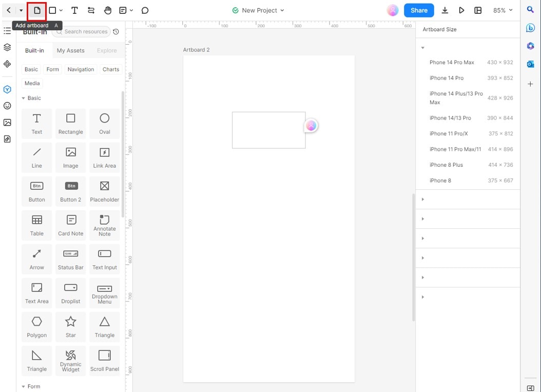 mockitt application add artboard interface