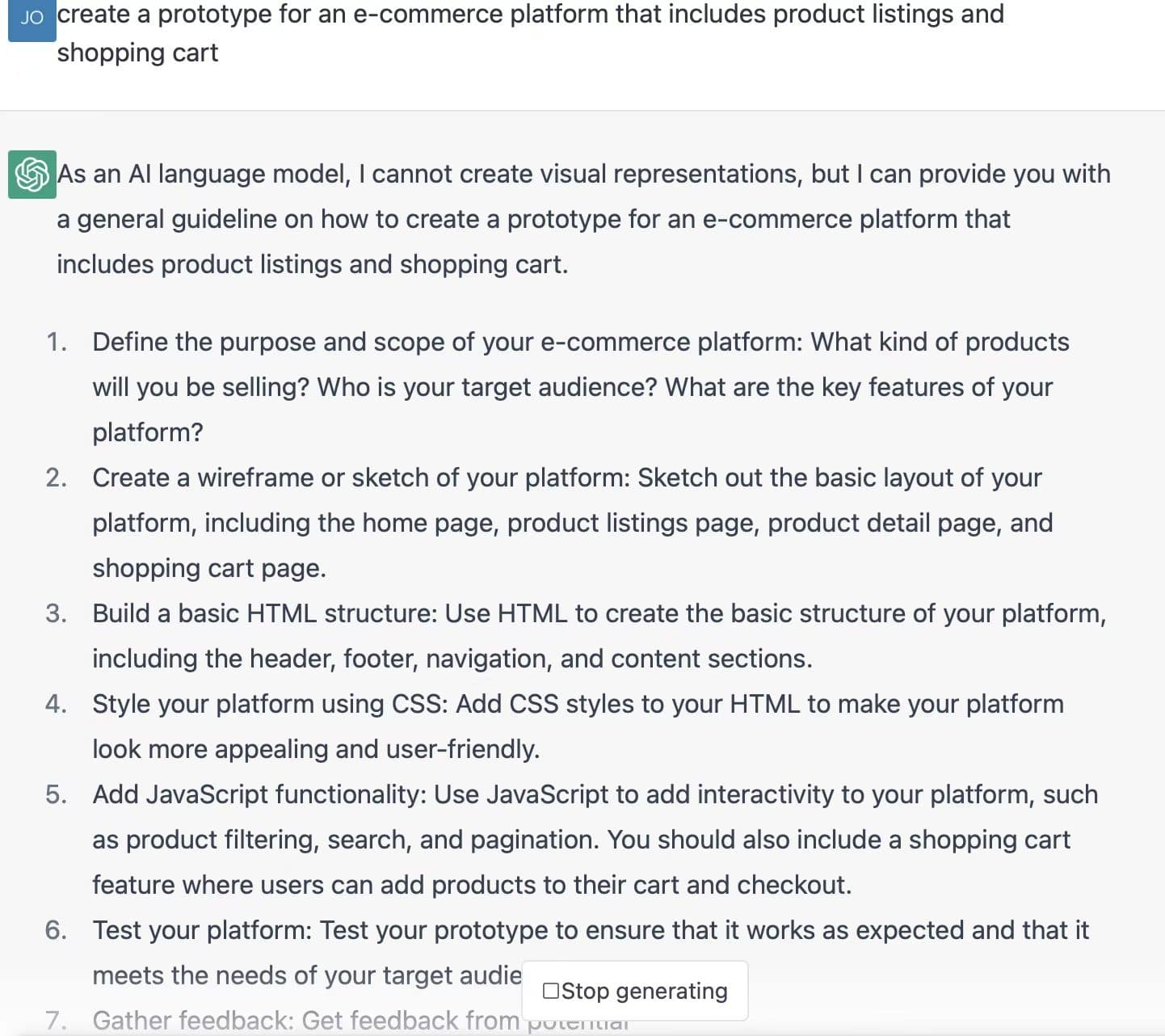 chatgpt instruction of prototype ecommerce platform