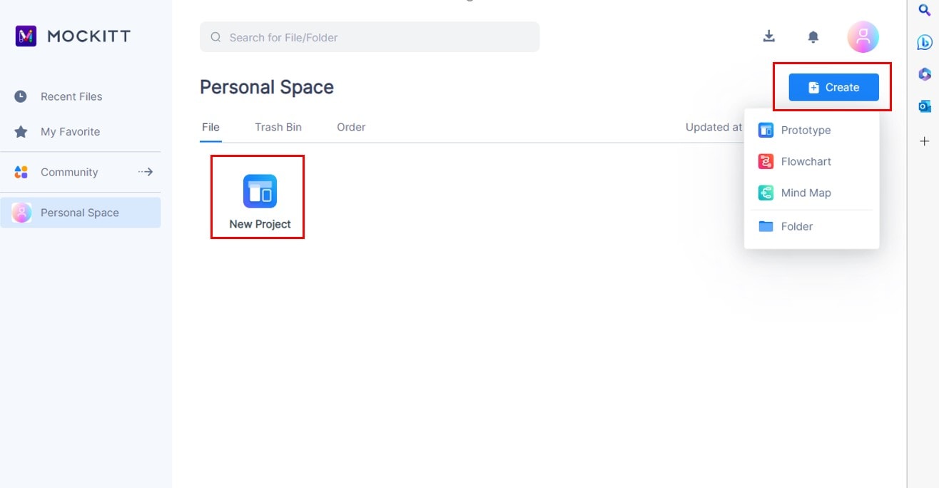 mockitt application homepage interface
