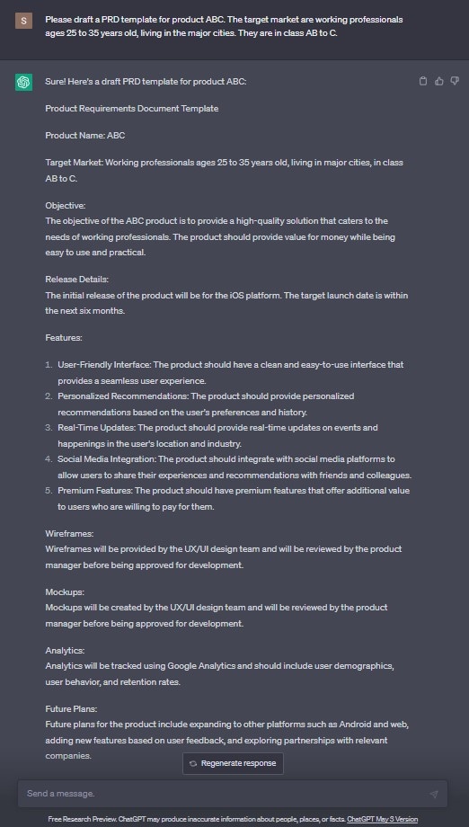 chatgpt creates example product requirements document