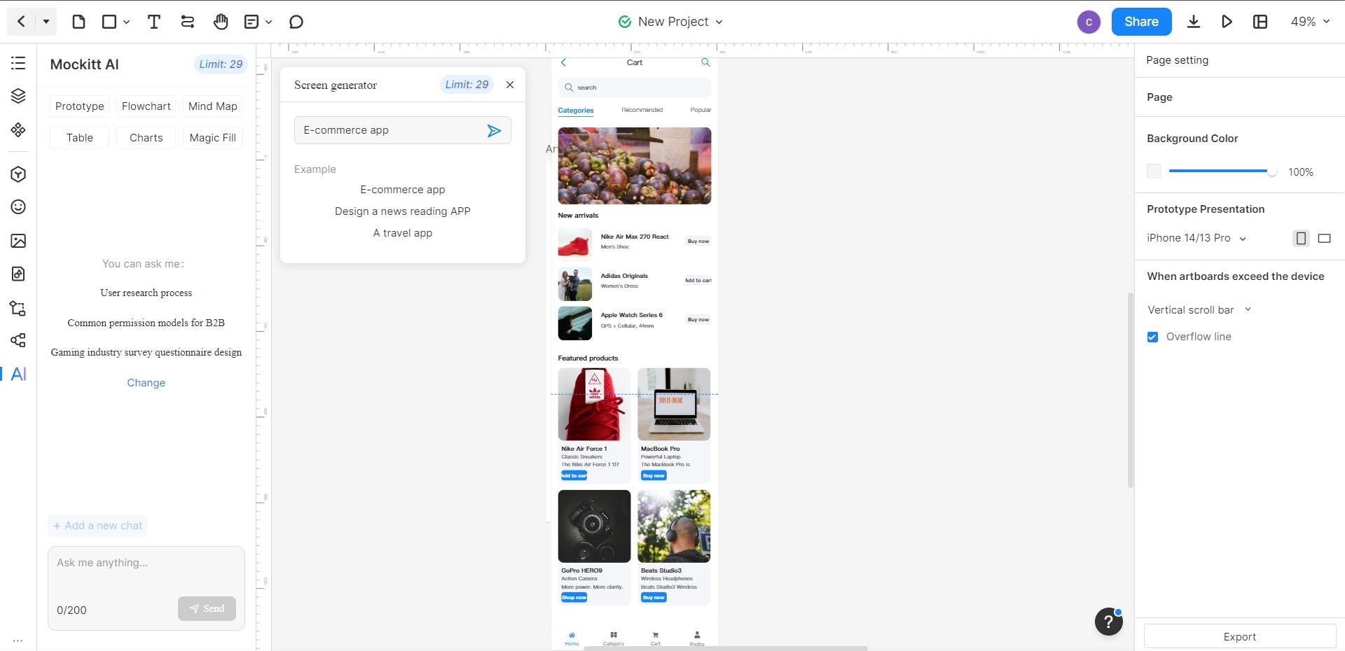mockitt ai generates e-commerce app prototype