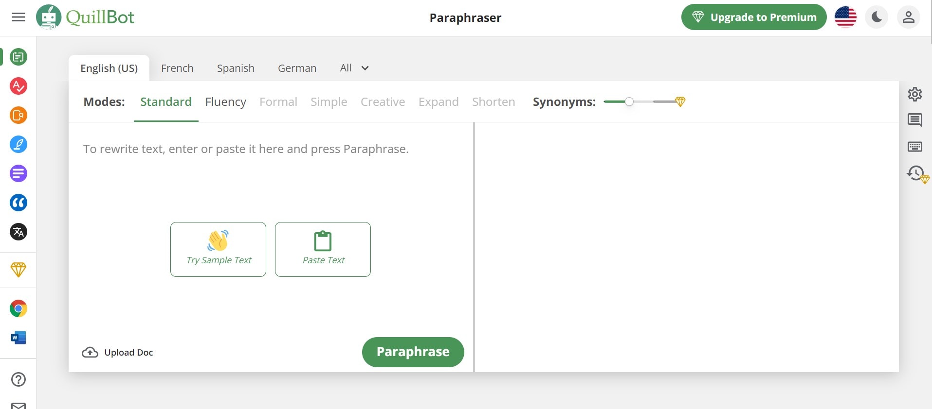 the interface of quillbot