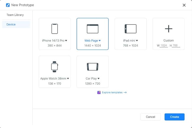choosing webpage from mockitt device options