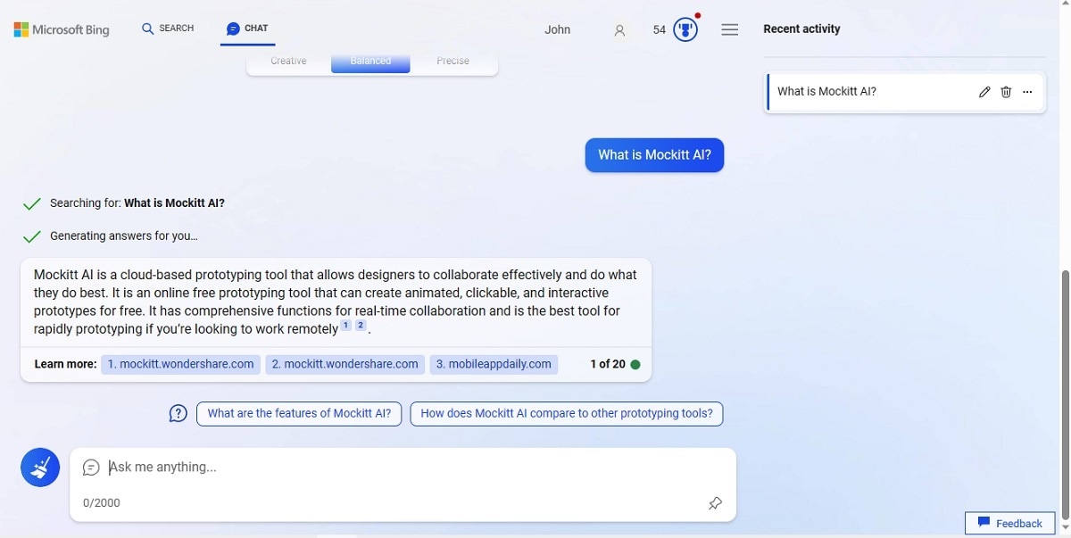 new bing answering a prompt