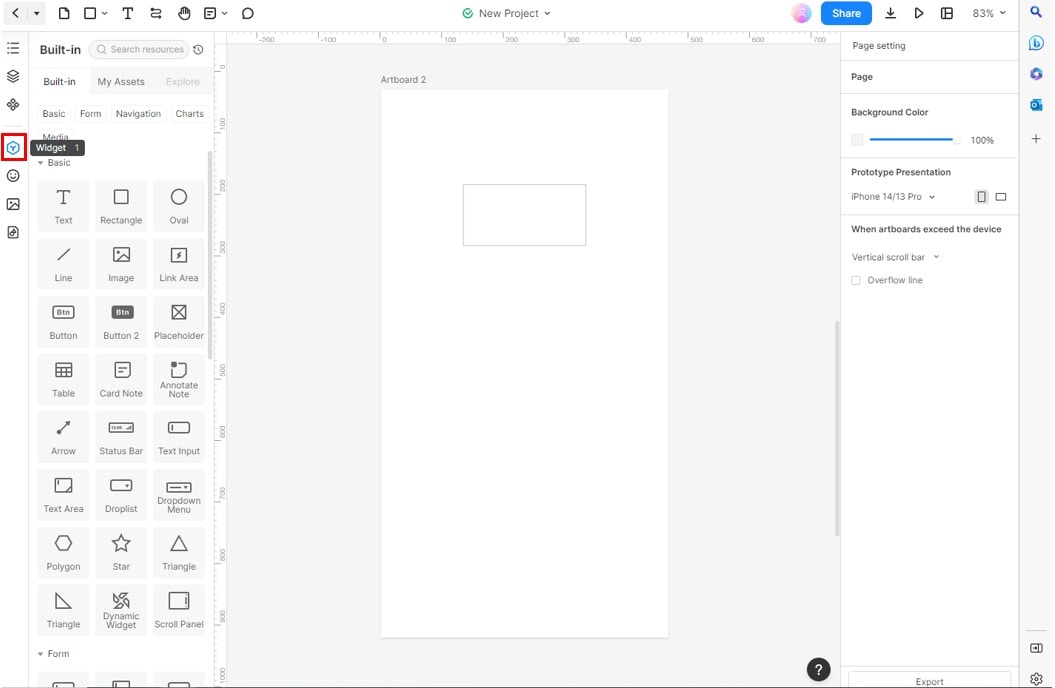 mockitt application add widgets interface