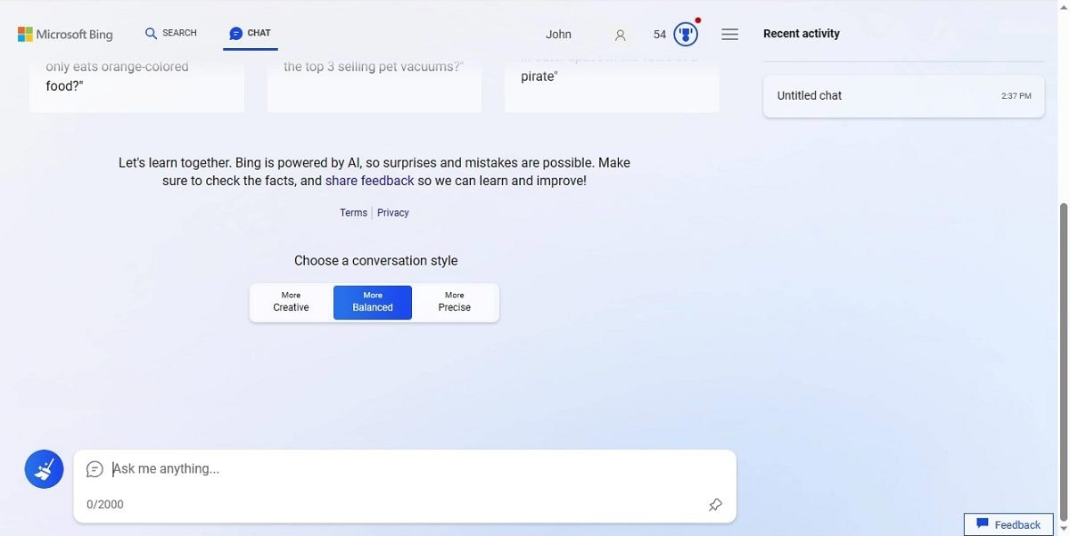 the user interface of new bing