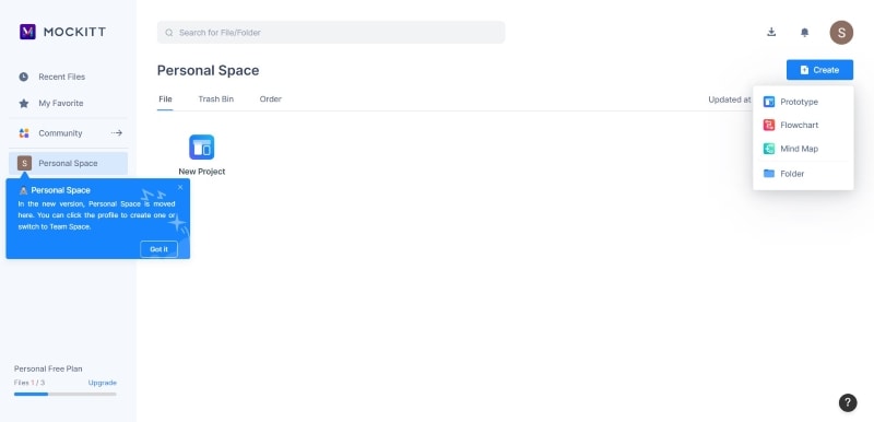 mockitt personal space interface