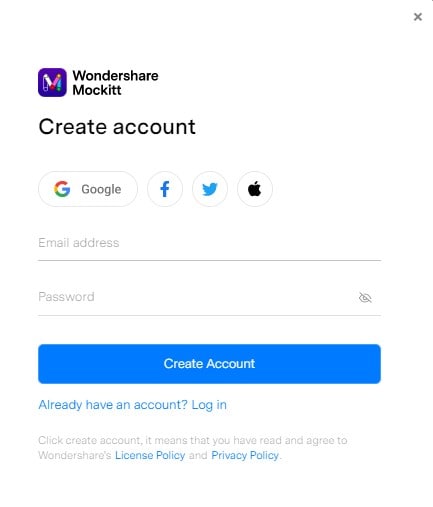 mockitt application sign up interface