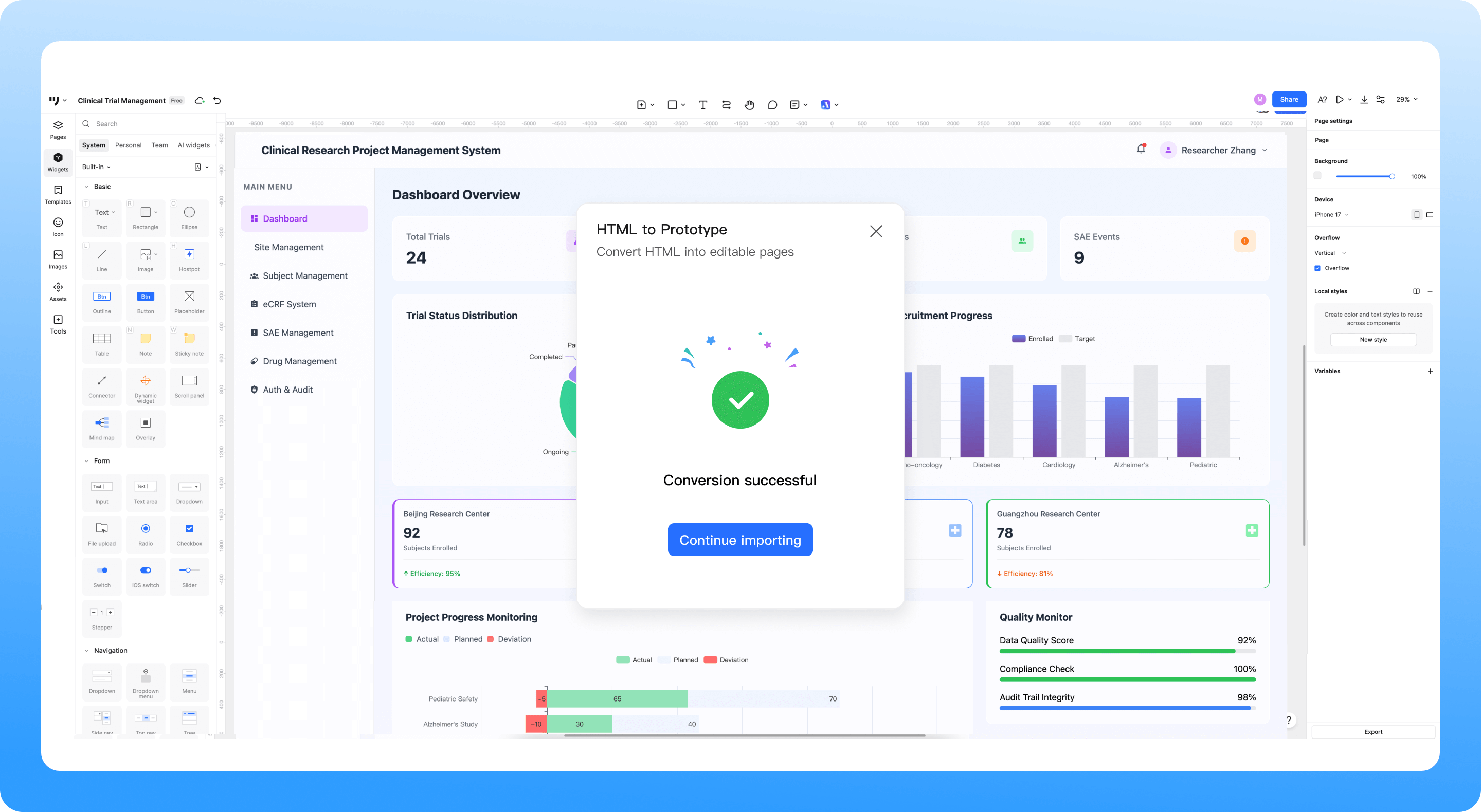 HTML to Prototype conversion completed in the Mockitt editor, with a dashboard on the canvas