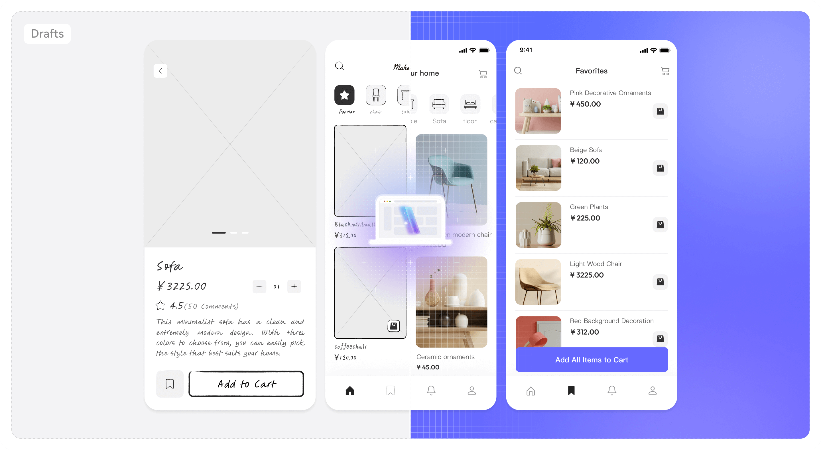 Shopping app wireframes alongside detailed product and favorites screens, illustrating image to prototype conversion